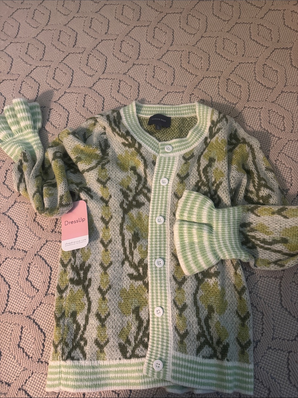 Sage Green Patterned Button-Front Cardigan Sweater Hudson Gray NWT
